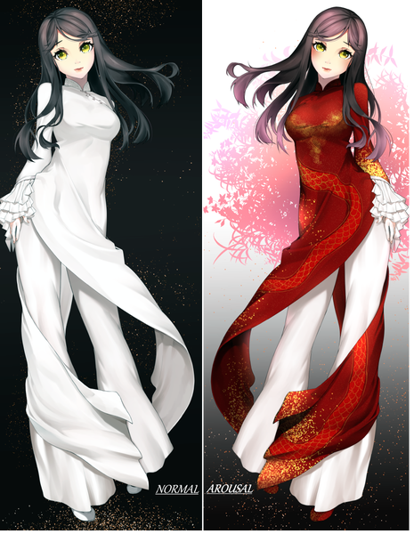 Anime picture 995x1282 with original hoshi usagi long hair tall image looking at viewer blush black hair multiple girls green eyes traditional clothes multiview girl 2 girls vietnamese dress