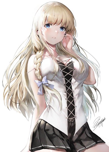 Anime picture 858x1200 with original iori (cpeilad) single long hair tall image looking at viewer blush fringe breasts blue eyes simple background blonde hair large breasts standing white background signed blunt bangs braid (braids) nail polish parted lips