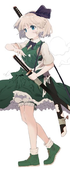 Anime picture 736x1832 with touhou konpaku youmu mieharu single tall image short hair blue eyes simple background white background looking away silver hair full body sheathed ready to draw girl skirt ribbon (ribbons) weapon hair ribbon sword