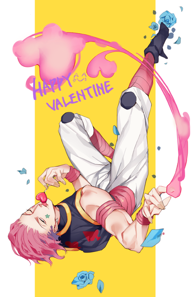 Anime picture 600x910 with hunter x hunter hisoka (hunter x hunter) soppaghetti single tall image looking at viewer short hair simple background bare shoulders holding signed pink hair full body bent knee (knees) one eye closed fingernails wink black eyes high heels long fingernails