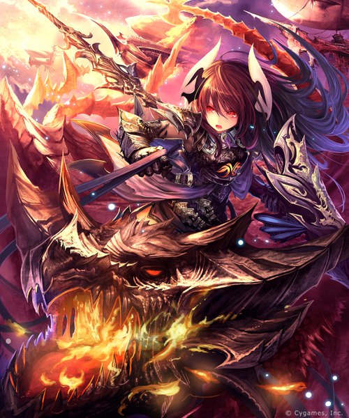 Anime picture 2083x2500 with shingeki no bahamut forte (shingeki no bahamut) tachikawa mushimaro (bimo) single long hair tall image fringe highres open mouth hair between eyes red eyes brown hair holding brown eyes looking away absurdres purple hair cloud (clouds) ahoge outdoors