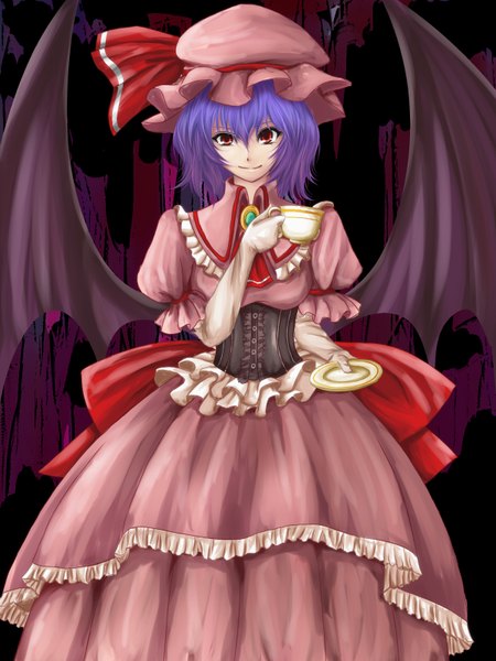 Anime picture 1200x1600 with touhou remilia scarlet untue single tall image short hair red eyes blue hair demon wings girl dress wings bonnet cup plate