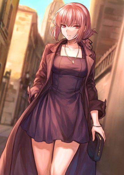 Anime picture 1302x1842 with fate (series) fate/grand order florence nightingale (fate) mashuu (neko no oyashiro) single long hair tall image looking at viewer blush fringe hair between eyes payot pink hair sky outdoors braid (braids) parted lips pink eyes blurry open clothes