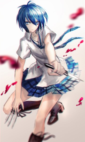 Anime picture 724x1200 with akuma no riddle azuma tokaku infukun single tall image looking at viewer fringe short hair blue eyes white background holding blue hair pleated skirt plaid skirt lacing fighting stance serious dual wielding plaid girl