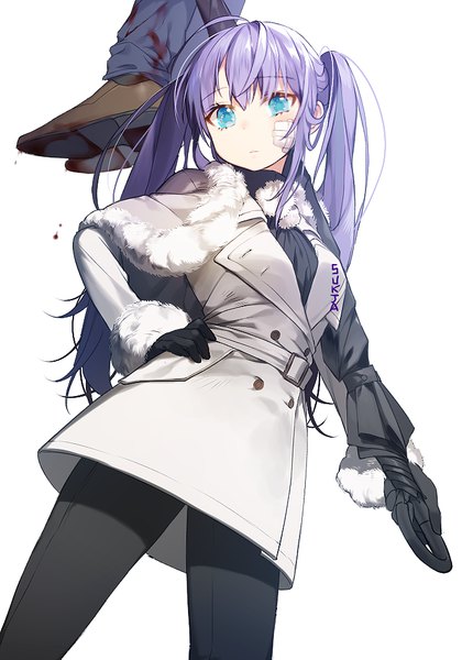 Anime picture 700x1000 with original sorolp long hair tall image looking at viewer fringe blue eyes simple background standing white background twintails signed purple hair ahoge aqua eyes dutch angle fur trim hand on hip solo focus soles