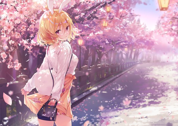 Anime picture 3508x2480 with original daefny single looking at viewer blush fringe highres short hair blonde hair hair between eyes red eyes standing animal ears absurdres sky outdoors tail long sleeves animal tail looking back