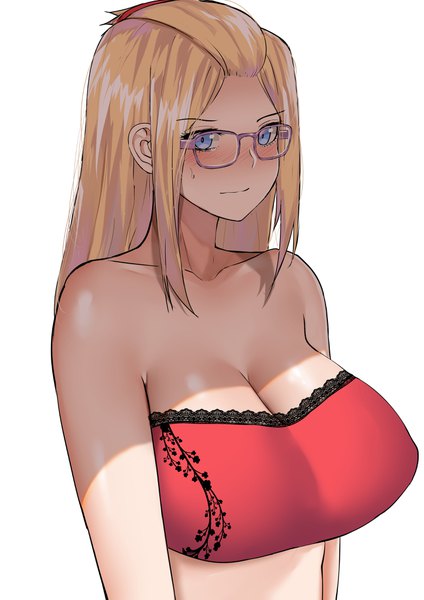 Anime picture 2894x4093 with original norman maggot single long hair tall image blush highres blue eyes light erotic blonde hair simple background white background bare shoulders payot looking away upper body shadow shaded face sweatdrop frilled bra
