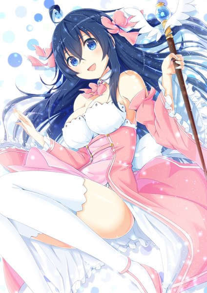 Anime picture 601x850 with netoge no yome wa onna no ko janai to omotta? project no.9 tamaki ako mirai (macharge) single long hair tall image looking at viewer blush breasts open mouth blue eyes light erotic black hair ahoge girl thighhighs dress bow hair bow