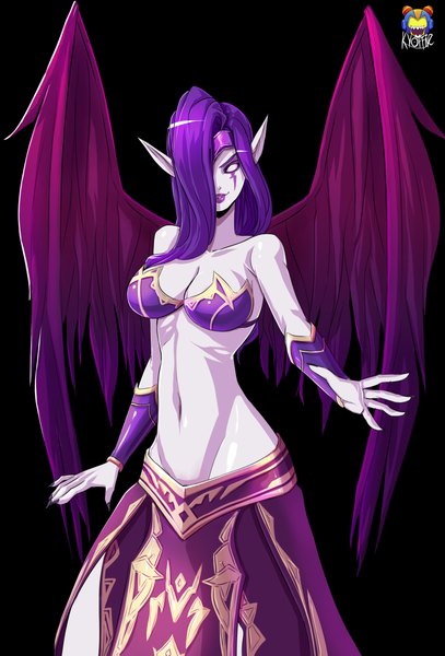 Anime picture 1529x2251 with league of legends morgana (league of legends) kyoffie12 single long hair tall image fringe breasts light erotic simple background purple hair pointy ears hair over one eye bare belly black background blank eyes girl navel wings