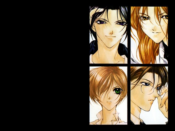 Anime picture 2133x1600 with yami no matsuei j.c. staff asato tsuzuki hisoka kurosaki yutaka watari seiichiro tatsumi long hair fringe highres short hair blue eyes black hair blonde hair brown hair purple eyes green eyes profile hair over one eye orange eyes black background