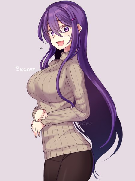 Anime picture 600x800 with doki doki literature club yuri (doki doki literature club) nan (gokurou) single long hair tall image looking at viewer breasts open mouth simple background large breasts standing purple eyes holding signed payot purple hair long sleeves :d inscription