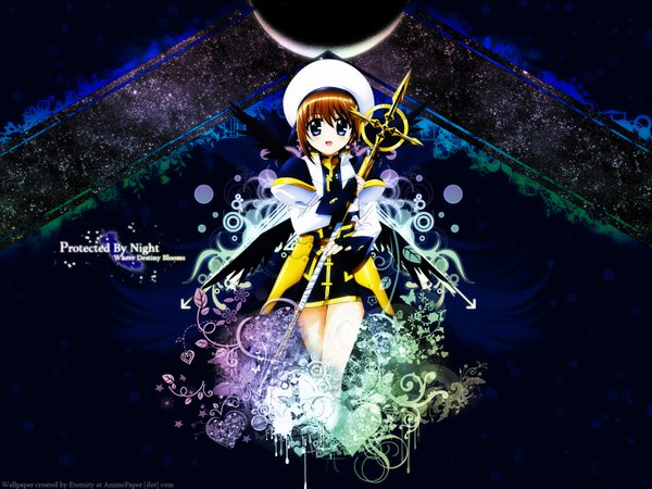 Anime picture 1600x1200 with mahou shoujo lyrical nanoha mahou shoujo lyrical nanoha strikers yagami hayate okuda yasuhiro single looking at viewer fringe short hair open mouth blue eyes hair between eyes brown hair signed third-party edit girl wings staff cap