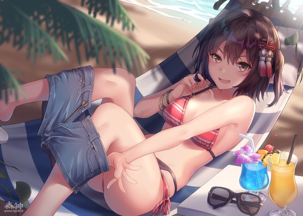 Anime picture 1200x857 with kantai collection sendai light cruiser morigami (morigami no yashiro) single looking at viewer blush fringe short hair breasts open mouth light erotic smile hair between eyes brown hair bare shoulders signed yellow eyes outdoors lying :d