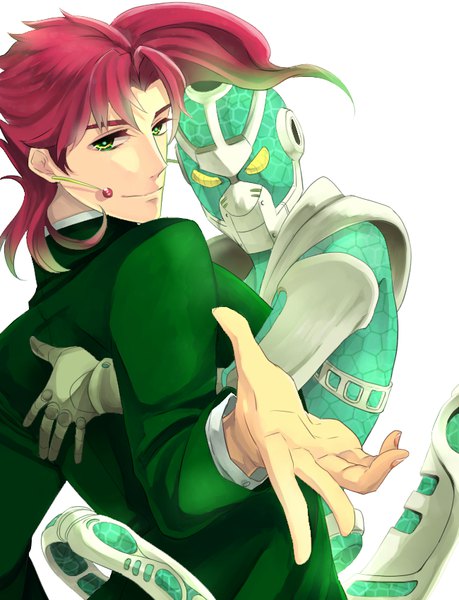 Anime picture 650x850 with jojo no kimyou na bouken kakyoin noriaki hierophant green mai0124 tall image looking at viewer fringe short hair simple background smile standing white background green eyes upper body red hair looking back multicolored hair two-tone hair multiple boys hug