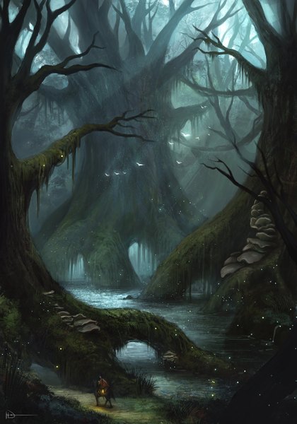 Anime picture 900x1286 with ninjatic single tall image signed landscape river riding ambiguous gender plant (plants) animal tree (trees) water bird (birds) insect forest lantern fireflies horse liana