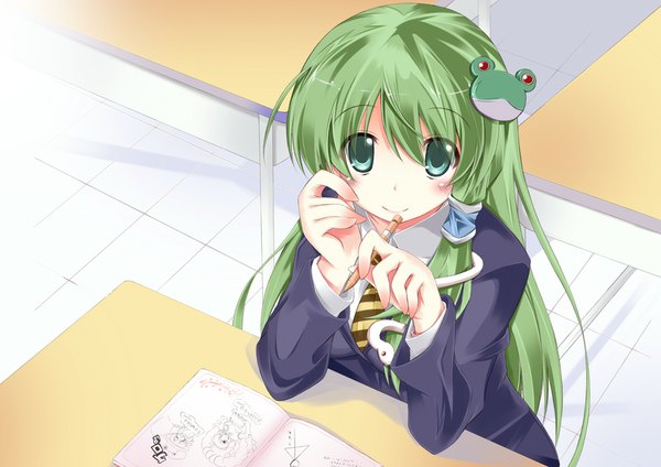 Anime picture 1000x707 with touhou kochiya sanae plus9 (artist) single long hair looking at viewer blush fringe smile hair between eyes sitting holding green eyes upper body indoors long sleeves green hair girl uniform hair ornament