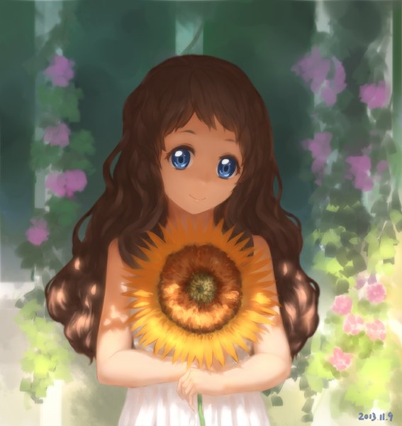 Anime picture 1019x1078 with kyoukai no kanata kyoto animation shindou ai qingmingtongzi single long hair tall image looking at viewer blue eyes smile brown hair girl dress flower (flowers) sundress sunflower