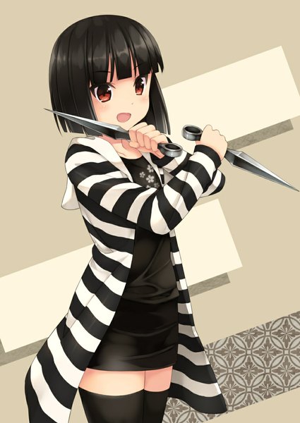 Anime picture 780x1100 with original fukube tamaki kouno hikaru single tall image looking at viewer blush short hair open mouth black hair red eyes girl thighhighs weapon black thighhighs kunai