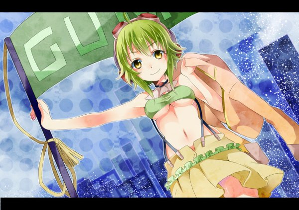 Anime picture 1227x867 with vocaloid gumi mashiro aa single looking at viewer short hair light erotic smile holding yellow eyes green hair wind underboob letterboxed girl skirt navel glasses jacket suspenders
