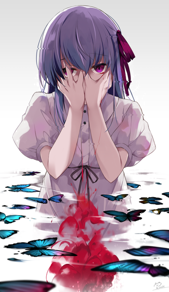 Anime picture 579x1000 with fate (series) fate/stay night matou sakura hirai yuzuki single long hair tall image looking at viewer fringe simple background hair between eyes purple eyes signed purple hair short sleeves puffy sleeves covering hands on face covering face crazy