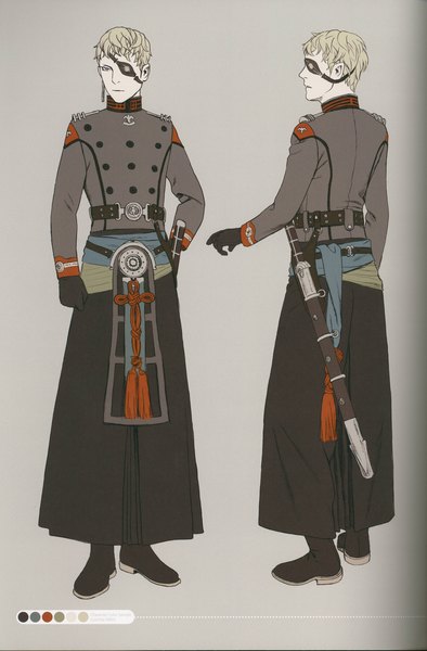 Anime picture 2957x4500 with last exile last exile: gin'yoku no fam gonzo linkage (artbook) luscinia hafez range murata tall image highres short hair blue eyes simple background blonde hair standing full body scan grey background character names multiview sheathed concept art