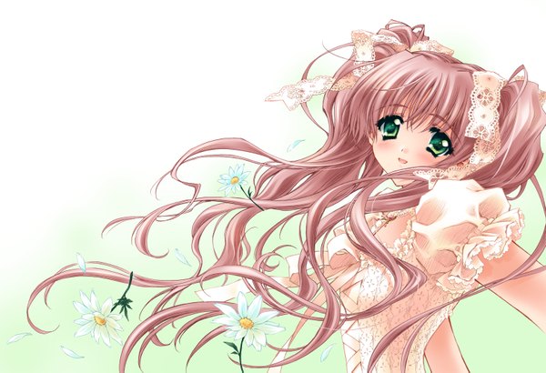 Anime picture 3139x2150 with the sanctuary knocker carina (the sanctuary knocker) carnelian single long hair looking at viewer blush fringe highres open mouth simple background white background twintails green eyes pink hair absurdres wind happy wavy hair girl