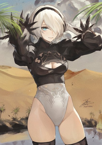 Anime picture 1061x1500 with nier nier:automata yorha no. 2 type b fadingz single tall image looking at viewer blush fringe short hair breasts blue eyes light erotic smile standing signed cleavage silver hair cloud (clouds) outdoors