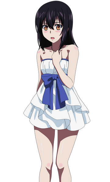 Anime picture 1926x3200 with strike the blood himeragi yukina single long hair tall image blush fringe highres open mouth black hair simple background standing bare shoulders brown eyes sleeveless surprised girl dress bow ribbon (ribbons)