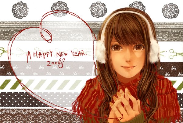 Anime picture 1748x1181 with original ena1215 single long hair highres smile brown hair brown eyes nail polish inscription new year happy new year 2011 girl heart headphones thread red thread