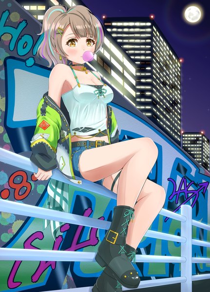 Anime picture 1438x2000 with love live! school idol project sunrise (studio) love live! minami kotori tstk14 single tall image looking at viewer blush fringe short hair brown hair sitting bare shoulders yellow eyes bent knee (knees) blunt bangs multicolored hair off shoulder night