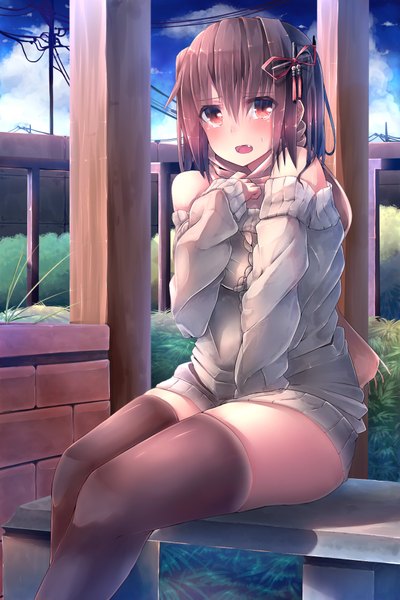 Anime picture 1295x1943 with kantai collection sendai light cruiser silyouta1120 single tall image blush fringe short hair open mouth light erotic red eyes brown hair sitting bare shoulders sky cloud (clouds) bent knee (knees) sunlight off shoulder shadow