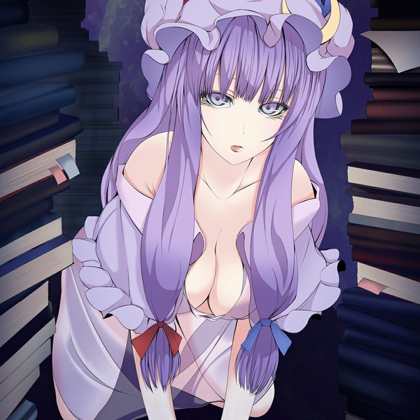 Anime picture 1000x1000 with touhou patchouli knowledge yoi tosui single long hair looking at viewer breasts light erotic large breasts purple eyes purple hair girl dress bow hair bow book (books) bonnet