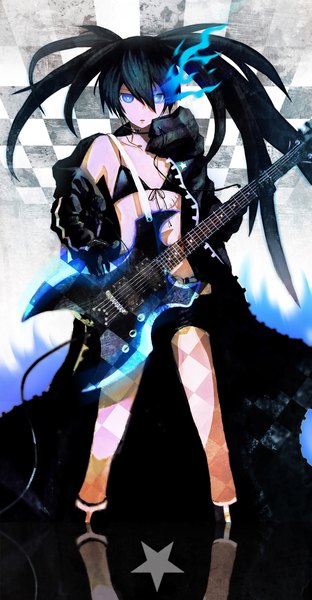 Anime picture 1041x2000 with black rock shooter black rock shooter (character) single long hair tall image looking at viewer blue eyes black hair twintails open clothes open jacket glowing scar glowing eye (eyes) girl choker shorts star (symbol) cloak bikini top