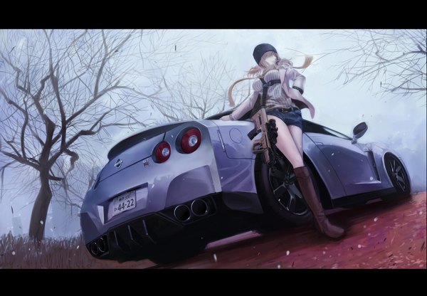 Anime picture 1469x1020 with original nissan koh (minagi kou) single long hair breasts blonde hair large breasts from below letterboxed smoking bare tree hair over eyes girl weapon plant (plants) hat petals tree (trees) jacket
