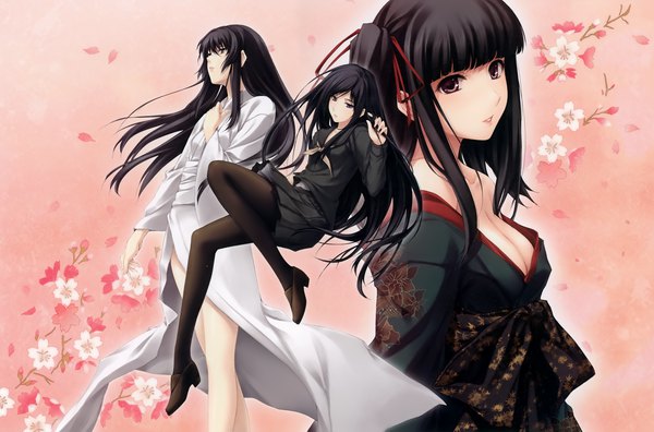 Anime picture 4000x2646 with cartagra nagomibako innocent grey kouzuki yura minami shiori rin (cartagra) sugina miki long hair looking at viewer fringe highres breasts light erotic black hair simple background smile large breasts standing purple eyes bare shoulders