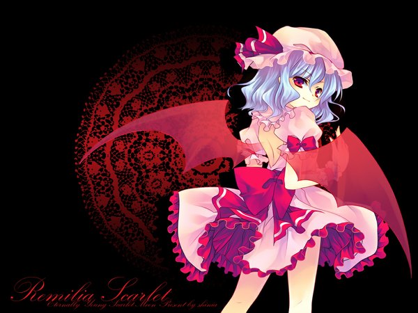 Anime picture 1024x768 with touhou remilia scarlet shinia short hair red eyes blue hair wallpaper back bat wings girl ribbon (ribbons) hat wings