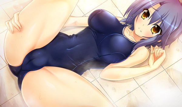 Anime picture 1024x600 with sperman single blush short hair breasts light erotic wide image large breasts yellow eyes blue hair game cg girl swimsuit one-piece swimsuit school swimsuit