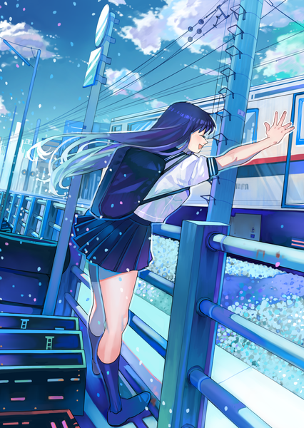 Anime picture 2057x2900 with original arutera single long hair tall image blush highres open mouth blue hair eyes closed pleated skirt waving girl skirt miniskirt petals serafuku school bag backpack fence