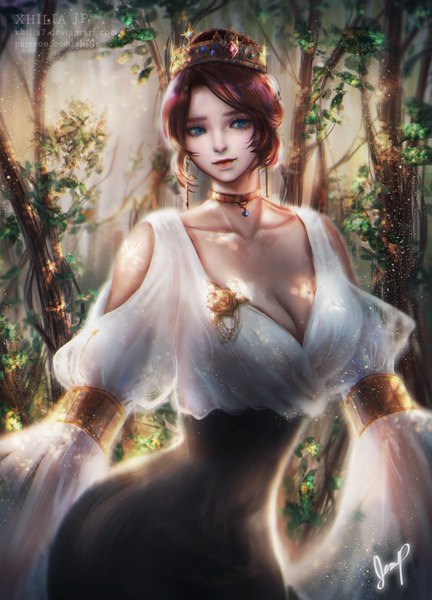Anime picture 648x900 with original xhilia7 single tall image blue eyes light erotic standing signed looking away cleavage red hair sunlight puffy sleeves watermark girl plant (plants) tree (trees) choker crown forest