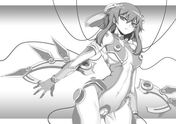 Anime picture 3507x2480 with original oni-noboru single long hair looking at viewer highres light erotic absurdres monochrome girl navel suit