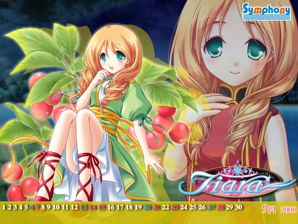 Anime picture 1600x1200 with tiara (symphony) stella fur seirios long hair looking at viewer open mouth blonde hair smile green eyes :d copyright name multiview logo calendar 2008 girl plant (plants) calendar