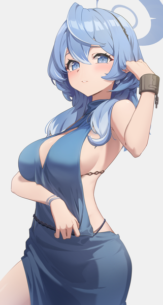 Anime picture 1232x2305 with blue archive ako (blue archive) ako (dress) (blue archive) reulem single long hair tall image looking at viewer blush fringe breasts blue eyes light erotic simple background hair between eyes large breasts standing blue hair grey background sideboob