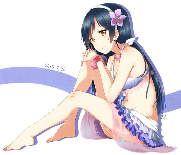 Anime picture 1600x1372 with love live! school idol project sunrise (studio) love live! sonoda umi ksk (semicha keisuke) single long hair looking at viewer blush light erotic black hair bare shoulders brown eyes bent knee (knees) barefoot hair flower light smile bare belly bare legs no shoes