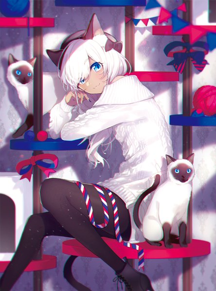 Anime picture 1038x1400 with original saine single long hair tall image looking at viewer blush fringe blue eyes smile sitting animal ears white hair indoors tail nail polish animal tail fingernails cat ears hair over one eye