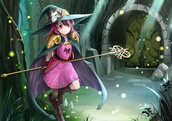Anime picture 2480x1753 with original maritan (artist) single long hair looking at viewer blush highres smile pink hair pink eyes horn (horns) hands behind back girl dress gloves plant (plants) hat tree (trees) boots fingerless gloves