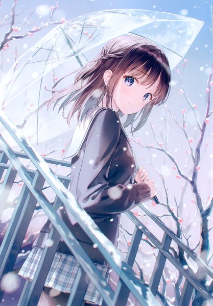 Anime picture 2419x3482 with original hiten (hitenkei) single long hair tall image looking at viewer blush fringe highres blue eyes brown hair holding sky outdoors blunt bangs long sleeves scan dutch angle turning head plaid skirt
