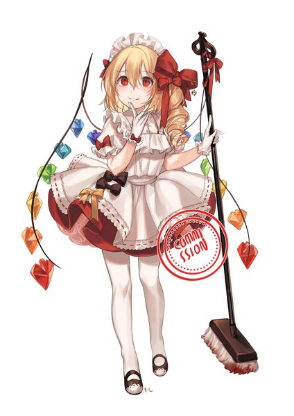 Anime picture 2896x4096 with touhou flandre scarlet shan single long hair tall image fringe highres simple background blonde hair smile hair between eyes red eyes standing white background holding full body short sleeves maid alternate costume