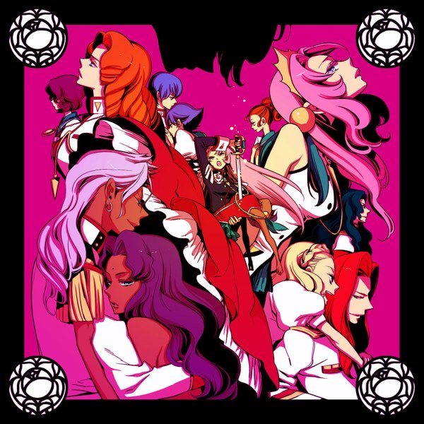 Anime picture 1500x1500 with revolutionary girl utena j.c. staff tenjou utena himemiya anthy kiryuu touga arisugawa juri saionji kyouichi ootori akio kaoru miki kiryuu nanami kaoru kozue long hair short hair blue eyes blonde hair simple background green eyes pink hair purple hair red hair