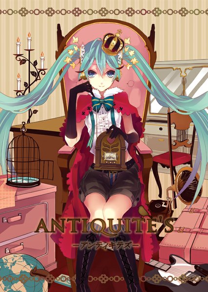 Anime picture 612x859 with vocaloid hatsune miku musou yuchi single long hair tall image looking at viewer fringe blue eyes sitting twintails bent knee (knees) hair flower aqua hair bare belly alternate costume lacing girl gloves hair ornament