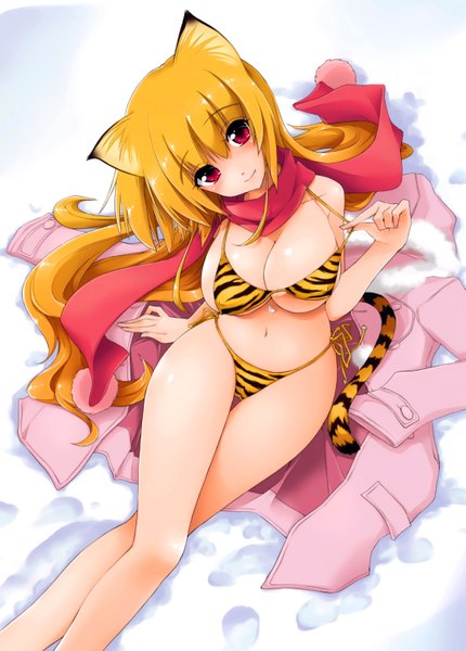 Anime picture 4300x6000 with original kamino ryuuya single tall image looking at viewer blush fringe highres breasts light erotic blonde hair red eyes large breasts sitting bare shoulders animal ears absurdres cleavage animal tail from above